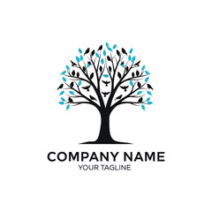 Stylized Black Tree Silhouette Logo with Perched Birds and Turquoise Blue Leaves on a White Background, featuring Company Name and Tagline Placeholder, Flat Vector Elements, Vector Illustration,