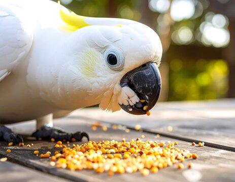 White parrot eating seeds outdoors - Powered by Adobe