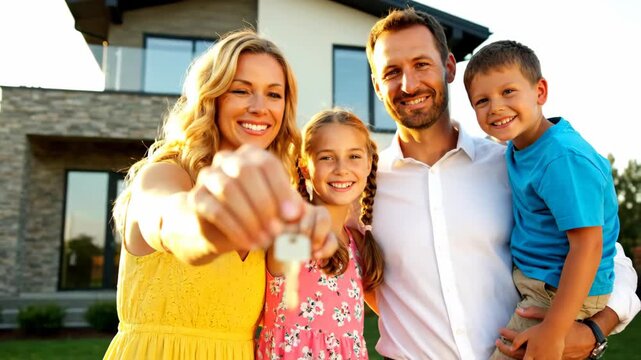 Happy Family Stands in Front of Their New Modern House, Showing off the Keys on a Sunny Afternoon