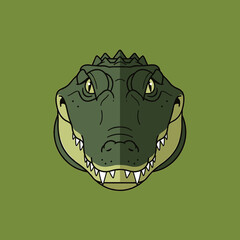 Frontal view of a stylized alligator head with sharp teeth, set against a green background.