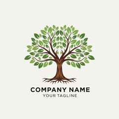 Obraz premium Stylized green tree logo with roots, trunk, and lush foliage on a light cream background, accompanied by placeholder text 'COMPANY NAME' and 'YOUR TAGLINE' for branding and identity design., Flat