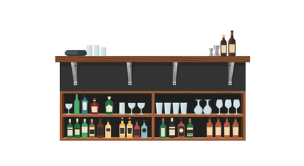 Illustration of a Bar Shelf with Alcohol Bottles and Glassware Selection