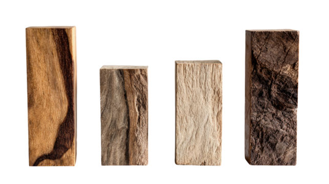Close-up of three rectangular wood blocks, varying in tone and grain