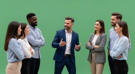 Business people, men and women, standing together on green screen. Group of multi-ethnic manager for chroma key insert.