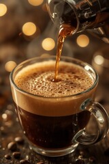 Elegant coffee brewing moment with glass teapot pouring into transparent mug with beautiful bokeh