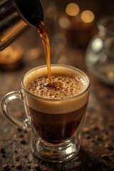Title: Fresh hot coffee pouring into glass mug with creamy foam and warm bokeh lights background