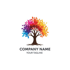 Obraz premium Vibrant Colorful Tree Logo with Rainbow Leaves and Placeholder Text on White Background for Company Branding and Identity Design, Flat Vector Elements, Vector Illustration, Simple Vector, Stylized