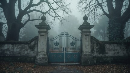 Gothic Iron Gate Between Weathered Stone Columns in Foggy Forest