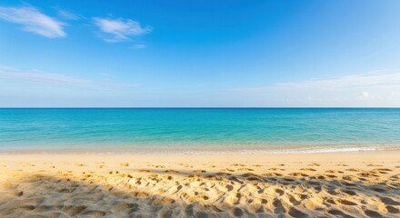 Obraz premium Tranquil tropical beach scene with blue sky and turquoise water serene seaside horizon