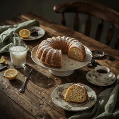 Homemade Lemon Bundt Cake with Powdered Sugar on Rustic Table