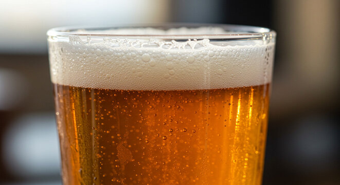 Beer glass with foamy head, macro shot