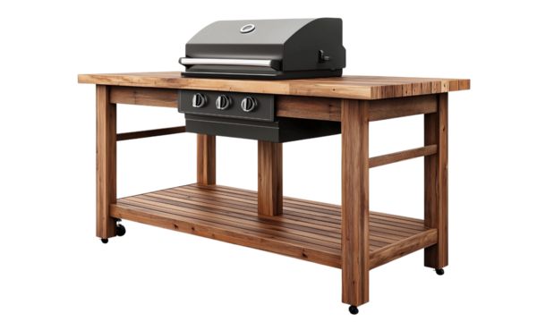 A black gas grill set into a wooden kitchen island with control knobs and a slatted lower shelf for storage and prep.