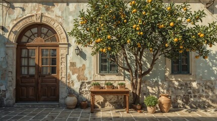 Charming old European house facade with lemon tree and rustic wooden furniture