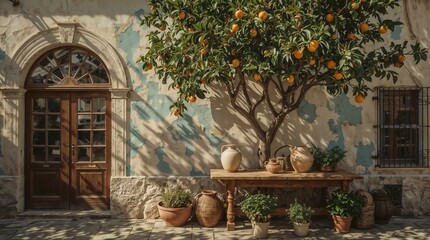 Traditional Mediterranean entrance with orange tree and artisan pottery display