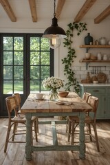 Farmhouse dining room with sage painted table and industrial pendant fixture