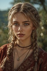 Medieval Viking Woman with Braided Hair and Traditional Jewelry in Natural Outdoor Setting