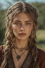 Portrait of Young Medieval Woman with Celtic Pendant and Braided Hairstyle Outdoors