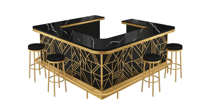 Luxurious art deco bar counter and stools with marble and geometric pattern