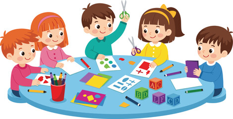 Cartoon children in classroom doing arts and crafts, kids cutting paper shapes, learning, creativity, teamwork, school activity, early education