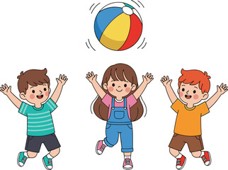 Happy cartoon children playing with colorful beach ball, kids game illustration, outdoor fun activity, childhood joy, healthy lifestyle, teamwork, friendship
