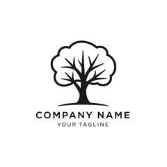 Obraz premium Minimalist black and white tree logo with stylized canopy and exposed branches above 'COMPANY NAME' and 'YOUR TAGLINE' text on a clean white background, Flat Vector Elements, Vector Illustration,