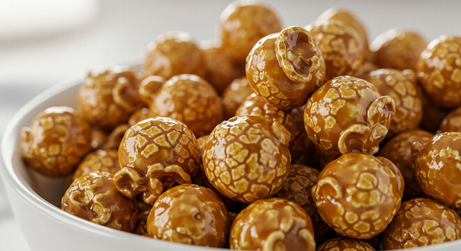 Caramel popcorn in a bowl, macro detail