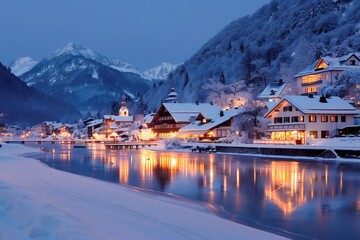 Fototapeta premium Rottach-Egern reflecting on the frozen lake Tegernsee at dusk in winter