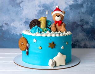 Festive blue birthday cake with teddy