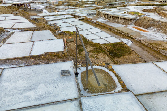 Aerial view of Anana Valley with ancient salt terraces, Basque Country, Spain