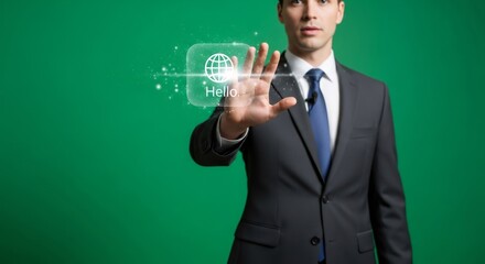 Man interacting with virtual screen on green screen background. Globe icon and hello text shown on digital interface. Global communication concept.