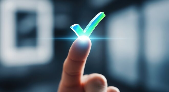 Finger touching a glowing green check mark on a digital screen, symbolizing approval and success