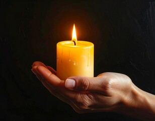 Hand holding a lit candle against a dark background.