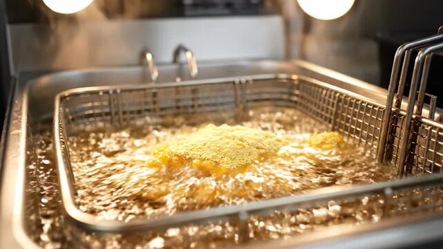 Fried Chicken Cooking In A Deep Fryer Inside A Restaurant Kitchen During The Daytime