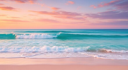 Fototapeta premium Serene beach sunset with gentle waves and colorful sky over the ocean