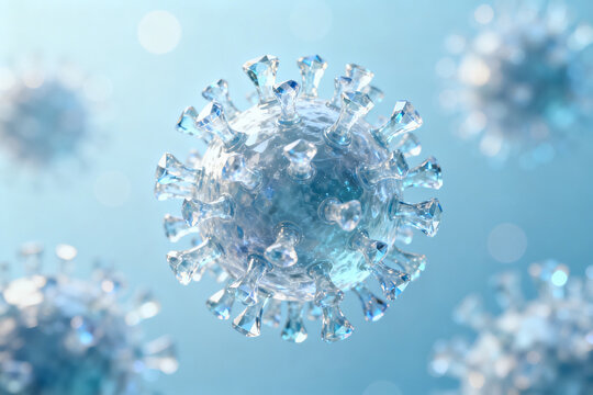 Microscopic view of a virus particle with spike proteins, depicted in a scientific illustration style