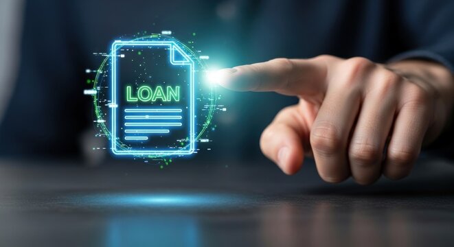 A man's finger pointing at a digital loan document, representing financial technology solutions