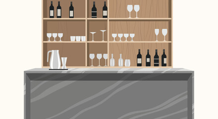 Stylized bar setup with shelves of glassware and bottles illustration