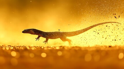 A small lizard scurries across the sandy ground, kicking up dust in the golden light