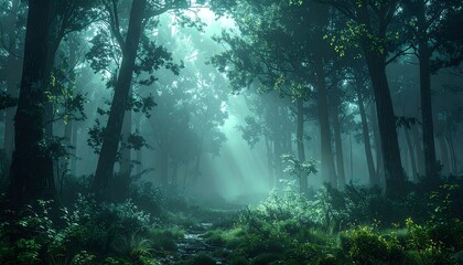 Mystical forest path bathed in ethereal light