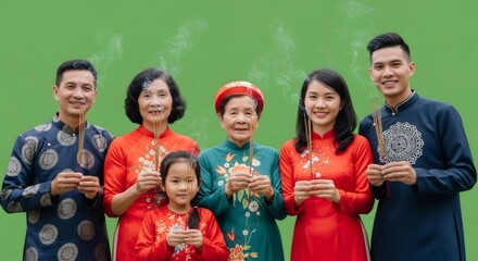 Vietnamese family holding incense sticks. People celebrating Lunar New Year on green screen background. Religious tradition concept.