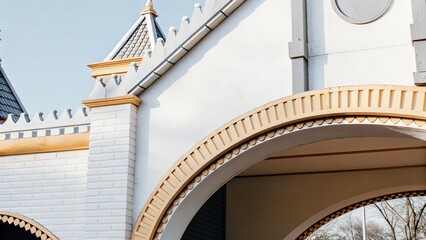 Architectural details of a whimsical building entrance
