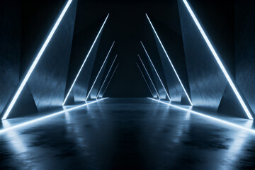 Futuristic corridor with glowing blue triangular lights and reflective floor