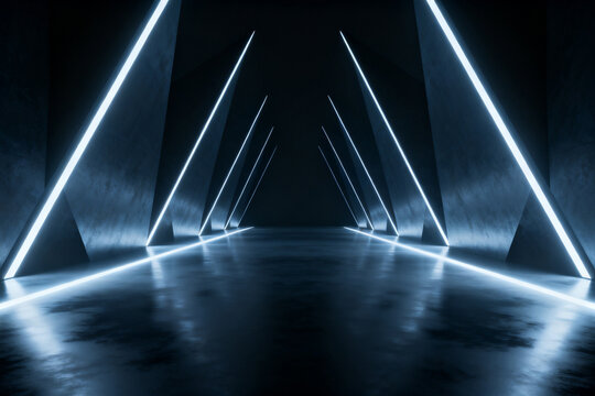 Futuristic corridor with glowing blue triangular lights and reflective floor