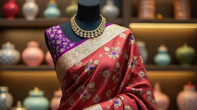 Elegant red saree with gold floral embroidery displayed on a mannequin with necklace