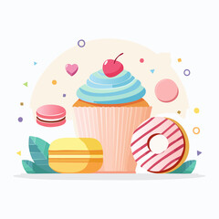 Illustration of a cupcake, macarons, and a donut on a white background.