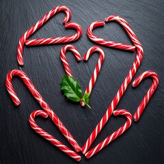 Festive candy canes on dark stone