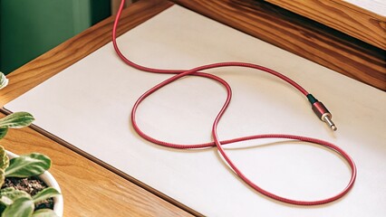 Stylish red audio cable on a wooden surface