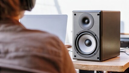 Person listening to music with a speaker and laptop setup