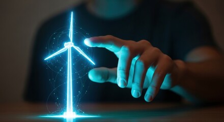 Man touching a digital hologram of a wind turbine, concept of green energy production