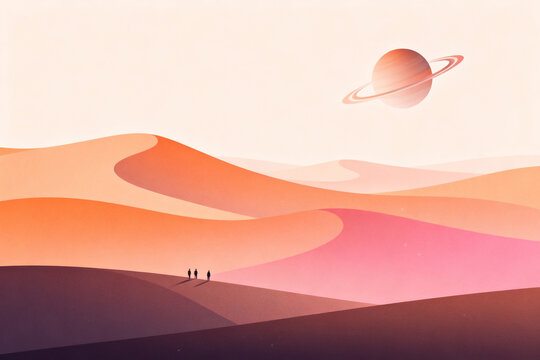 Three figures walking across a surreal desert landscape with a ringed planet in the sky